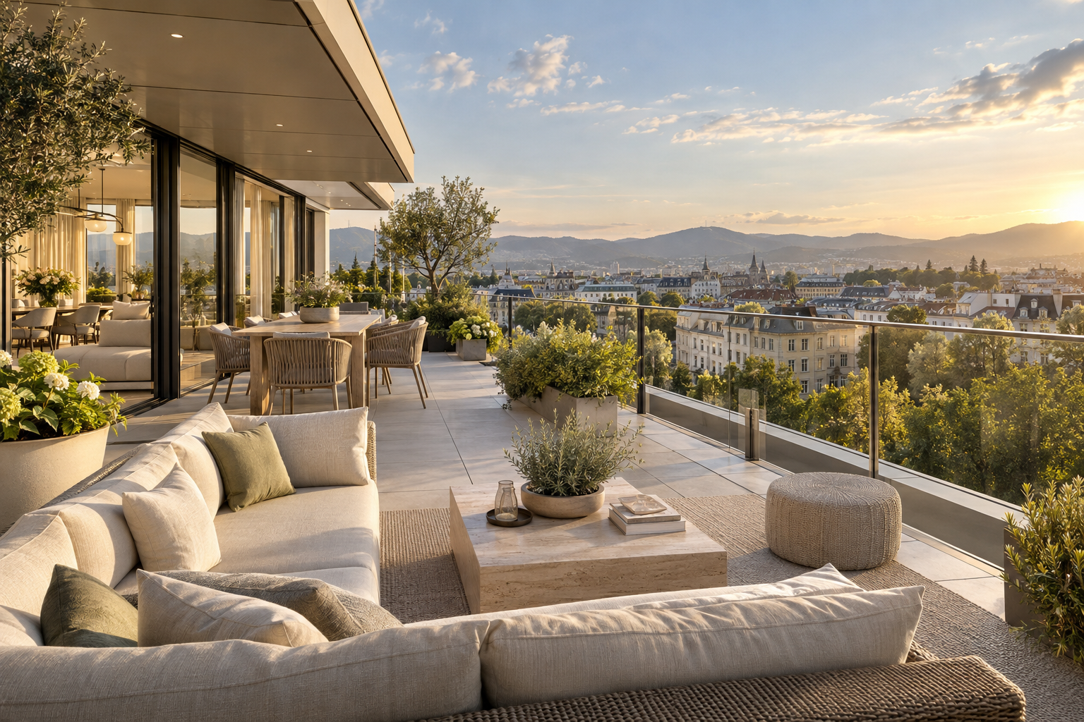 Penthouse-Dachterrasse mit Stadtblick